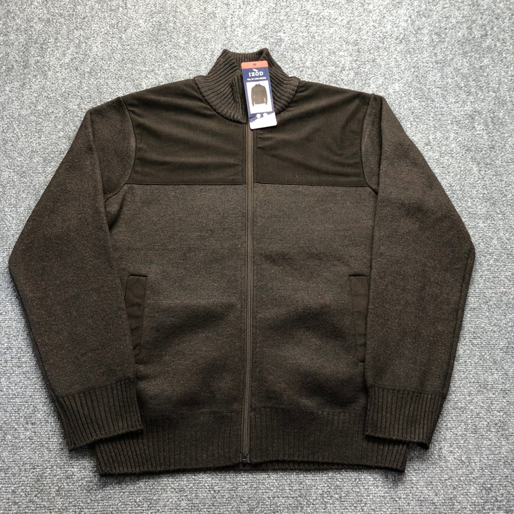 IZOD Mens Full Zip Lined Sweater Brown Mock Neck Natural Stretch Jacket M
